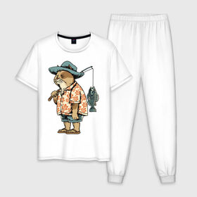 Мужская пижама хлопок с принтом Котан рыбак в Екатеринбурге, 100% хлопок | брюки и футболка прямого кроя, без карманов, на брюках мягкая резинка на поясе и по низу штанин
 | кот | лето | рубашка | рыба | удочка | хипстер | шлепанцы | шорты