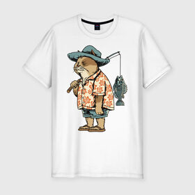 Мужская футболка хлопок Slim с принтом Котан рыбак в Екатеринбурге, 92% хлопок, 8% лайкра | приталенный силуэт, круглый вырез ворота, длина до линии бедра, короткий рукав | кот | лето | рубашка | рыба | удочка | хипстер | шлепанцы | шорты
