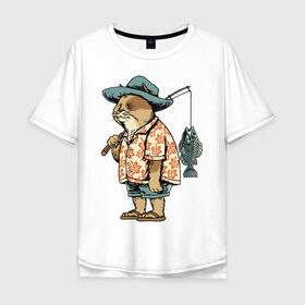 Мужская футболка хлопок Oversize с принтом Котан рыбак в Екатеринбурге, 100% хлопок | свободный крой, круглый ворот, “спинка” длиннее передней части | кот | лето | рубашка | рыба | удочка | хипстер | шлепанцы | шорты