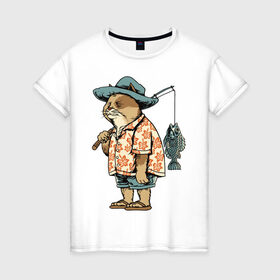 Женская футболка хлопок с принтом Котан рыбак в Екатеринбурге, 100% хлопок | прямой крой, круглый вырез горловины, длина до линии бедер, слегка спущенное плечо | кот | лето | рубашка | рыба | удочка | хипстер | шлепанцы | шорты