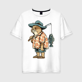 Женская футболка хлопок Oversize с принтом Котан рыбак в Екатеринбурге, 100% хлопок | свободный крой, круглый ворот, спущенный рукав, длина до линии бедер
 | кот | лето | рубашка | рыба | удочка | хипстер | шлепанцы | шорты