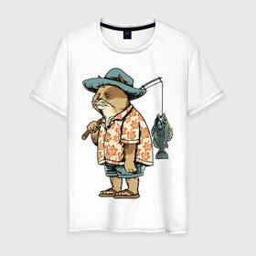 Мужская футболка хлопок с принтом Котан рыбак в Екатеринбурге, 100% хлопок | прямой крой, круглый вырез горловины, длина до линии бедер, слегка спущенное плечо. | кот | лето | рубашка | рыба | удочка | хипстер | шлепанцы | шорты