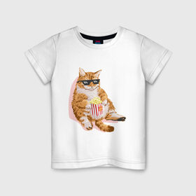 Детская футболка хлопок с принтом Ленивый кот в Екатеринбурге, 100% хлопок | круглый вырез горловины, полуприлегающий силуэт, длина до линии бедер | корн | кот | ленивый | очки | поп | попкорн | хипстер