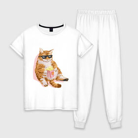 Женская пижама хлопок с принтом Ленивый кот в Екатеринбурге, 100% хлопок | брюки и футболка прямого кроя, без карманов, на брюках мягкая резинка на поясе и по низу штанин | корн | кот | ленивый | очки | поп | попкорн | хипстер