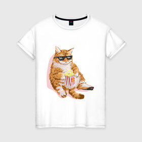 Женская футболка хлопок с принтом Ленивый кот в Екатеринбурге, 100% хлопок | прямой крой, круглый вырез горловины, длина до линии бедер, слегка спущенное плечо | корн | кот | ленивый | очки | поп | попкорн | хипстер
