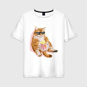 Женская футболка хлопок Oversize с принтом Ленивый кот в Екатеринбурге, 100% хлопок | свободный крой, круглый ворот, спущенный рукав, длина до линии бедер
 | Тематика изображения на принте: корн | кот | ленивый | очки | поп | попкорн | хипстер