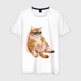 Мужская футболка хлопок с принтом Ленивый кот в Екатеринбурге, 100% хлопок | прямой крой, круглый вырез горловины, длина до линии бедер, слегка спущенное плечо. | корн | кот | ленивый | очки | поп | попкорн | хипстер