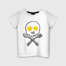 Детская футболка хлопок с принтом Череп яичница в Екатеринбурге, 100% хлопок | круглый вырез горловины, полуприлегающий силуэт, длина до линии бедер | вилка | еда | завтрак | ложка | пиратский | флаг | череп | яичница | яйца