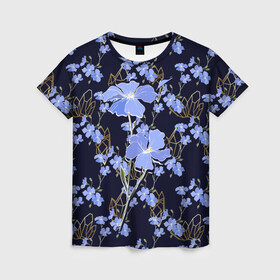 Женская футболка 3D с принтом Незабудки в Екатеринбурге, 100% полиэфир ( синтетическое хлопкоподобное полотно) | прямой крой, круглый вырез горловины, длина до линии бедер | весна | кристаллы | незабудка | полевые цветы | цветы
