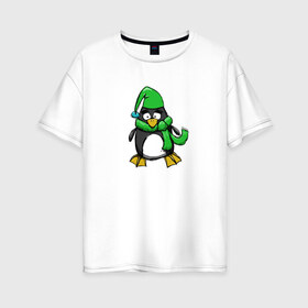 Женская футболка хлопок Oversize с принтом Пингвин в Екатеринбурге, 100% хлопок | свободный крой, круглый ворот, спущенный рукав, длина до линии бедер
 | пингвин | пингвин в шапке | пингвин в шарфе | рисунок | шарф