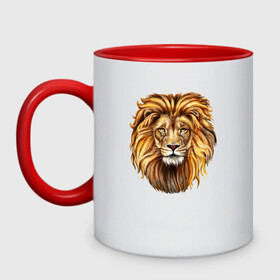 Кружка двухцветная с принтом LION в Екатеринбурге, керамика | объем — 330 мл, диаметр — 80 мм. Цветная ручка и кайма сверху, в некоторых цветах — вся внутренняя часть | animal | beast | cat | cute | fluffy | hunter | lion | lion cub | lion king | mane | predator | red | tail | yellow | большая кошка | грива | животное | зверь | король лев | кот | лев | лёвушка | львенок | милый | муфаса | охотник | пушистый 