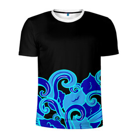 Мужская футболка 3D спортивная с принтом Синие волны, узор в Екатеринбурге, 100% полиэстер с улучшенными характеристиками | приталенный силуэт, круглая горловина, широкие плечи, сужается к линии бедра | Тематика изображения на принте: abstract | art | japan style | nature | ocean | pattern | sea | summer | абстракция | арт | вода | волны | лето | море | морские | ночь | океан | орнамент | природа | рисунок | синий узор | узор | узор на черном | щупальца | японские вол