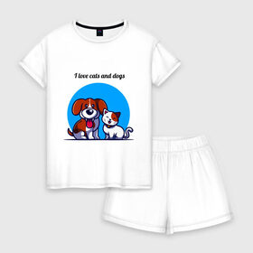 Женская пижама с шортиками хлопок с принтом cat and dog в Екатеринбурге, 100% хлопок | футболка прямого кроя, шорты свободные с широкой мягкой резинкой | cat | dog | dogs and cats | loving animals