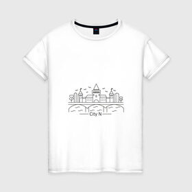 Женская футболка хлопок с принтом город N в стиле лайн арт в Екатеринбурге, 100% хлопок | прямой крой, круглый вырез горловины, длина до линии бедер, слегка спущенное плечо | город | дома | замок | кремль | лайн арт | линия | мост | река | стиль