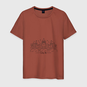 Мужская футболка хлопок с принтом город N в стиле лайн арт в Екатеринбурге, 100% хлопок | прямой крой, круглый вырез горловины, длина до линии бедер, слегка спущенное плечо. | город | дома | замок | кремль | лайн арт | линия | мост | река | стиль