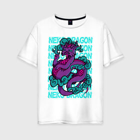 Женская футболка хлопок Oversize с принтом котик дракон в Екатеринбурге, 100% хлопок | свободный крой, круглый ворот, спущенный рукав, длина до линии бедер
 | cat | cute | dragon | harajuku | kawaii | neko | вектор | дракон | кот | котик | облака | ориентал