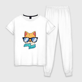 Женская пижама хлопок с принтом Очковая кошка в Екатеринбурге, 100% хлопок | брюки и футболка прямого кроя, без карманов, на брюках мягкая резинка на поясе и по низу штанин | домашняя кошка | кошка | мелус кот | милый кот | мышка | очки | очковая кошка | французская кошка