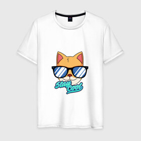 Мужская футболка хлопок с принтом Очковая кошка в Екатеринбурге, 100% хлопок | прямой крой, круглый вырез горловины, длина до линии бедер, слегка спущенное плечо. | домашняя кошка | кошка | мелус кот | милый кот | мышка | очки | очковая кошка | французская кошка