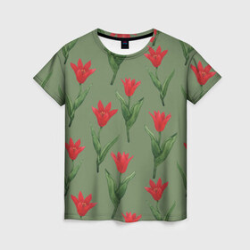 Женская футболка 3D с принтом Красные тюльпаны на зеленом в Екатеринбурге, 100% полиэфир ( синтетическое хлопкоподобное полотно) | прямой крой, круглый вырез горловины, длина до линии бедер | 8 марта | flowers | march 8 | spring | ботаническая иллюстрация | весна | день рождения | зеленый | красный | лето | любовь | праздник | принт | природа | растения | тюльпаны | цветы