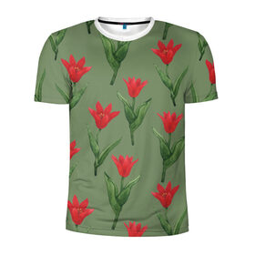Мужская футболка 3D спортивная с принтом Красные тюльпаны на зеленом в Екатеринбурге, 100% полиэстер с улучшенными характеристиками | приталенный силуэт, круглая горловина, широкие плечи, сужается к линии бедра | 8 марта | flowers | march 8 | spring | ботаническая иллюстрация | весна | день рождения | зеленый | красный | лето | любовь | праздник | принт | природа | растения | тюльпаны | цветы