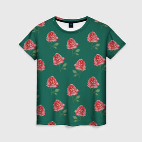 Женская футболка 3D с принтом Розы на зеленом фоне в Екатеринбурге, 100% полиэфир ( синтетическое хлопкоподобное полотно) | прямой крой, круглый вырез горловины, длина до линии бедер | 8 марта | flowers | march 8 | spring | ботаническая иллюстрация | весна | день рождения | зеленый | красный | лето | любовь | праздник | принт | природа | растения | розы | цветы