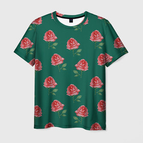 Мужская футболка 3D с принтом Розы на зеленом фоне в Екатеринбурге, 100% полиэфир | прямой крой, круглый вырез горловины, длина до линии бедер | 8 марта | flowers | march 8 | spring | ботаническая иллюстрация | весна | день рождения | зеленый | красный | лето | любовь | праздник | принт | природа | растения | розы | цветы