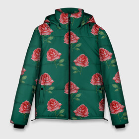 Мужская зимняя куртка 3D с принтом Розы на зеленом фоне в Екатеринбурге, верх — 100% полиэстер; подкладка — 100% полиэстер; утеплитель — 100% полиэстер | длина ниже бедра, свободный силуэт Оверсайз. Есть воротник-стойка, отстегивающийся капюшон и ветрозащитная планка. 

Боковые карманы с листочкой на кнопках и внутренний карман на молнии. | Тематика изображения на принте: 8 марта | flowers | march 8 | spring | ботаническая иллюстрация | весна | день рождения | зеленый | красный | лето | любовь | праздник | принт | природа | растения | розы | цветы