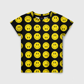 Детская футболка 3D с принтом Смайлики в Екатеринбурге, 100% гипоаллергенный полиэфир | прямой крой, круглый вырез горловины, длина до линии бедер, чуть спущенное плечо, ткань немного тянется | Тематика изображения на принте: emoji | smile | sticker | грусть | любовь | печаль | плачь | смайлики | стикеры | текстура | улыбка | эмоджи | эмодзи