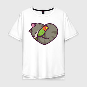 Мужская футболка хлопок Oversize с принтом Кот - сердце в Екатеринбурге, 100% хлопок | свободный крой, круглый ворот, “спинка” длиннее передней части | животное | зверь | кот | кот   сердце | кошка | попугай | птицы