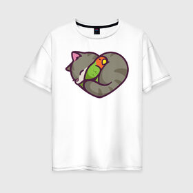 Женская футболка хлопок Oversize с принтом Кот - сердце в Екатеринбурге, 100% хлопок | свободный крой, круглый ворот, спущенный рукав, длина до линии бедер
 | животное | зверь | кот | кот   сердце | кошка | попугай | птицы