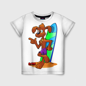 Детская футболка 3D с принтом Лыжная собака в Екатеринбурге, 100% гипоаллергенный полиэфир | прямой крой, круглый вырез горловины, длина до линии бедер, чуть спущенное плечо, ткань немного тянется | вода | животное | краб | лыжи | лыжная собака | море | пляж | собака