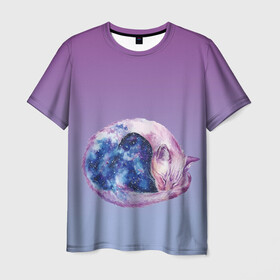 Мужская футболка 3D с принтом кот звездное небо спит в Екатеринбурге, 100% полиэфир | прямой крой, круглый вырез горловины, длина до линии бедер | акварель | вселенная | галактика | звездное небо | звезды | клубочек | кот | кошка | магия | ночь | свернувшись | сны | спит | туманность | фантазии