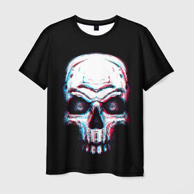 Мужская футболка 3D с принтом Glitch Skull в Екатеринбурге, 100% полиэфир | прямой крой, круглый вырез горловины, длина до линии бедер | Тематика изображения на принте: art | dead | death | ghost | glitch | neon | skeleton | skull | skulls | арт | глитч | глич | неон | призрак | скелет | череп | черепа