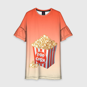 Детское платье 3D с принтом попкорн рисунок в Екатеринбурге, 100% полиэстер | прямой силуэт, чуть расширенный к низу. Круглая горловина, на рукавах — воланы | вкусняшка | воздушная кукуруза | еда | кино | кинопросмотр | киносеанс | кинотеатр | попкорн