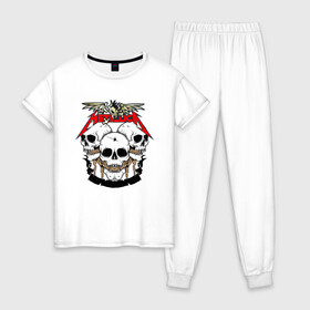 Женская пижама хлопок с принтом Metallica в Екатеринбурге, 100% хлопок | брюки и футболка прямого кроя, без карманов, на брюках мягкая резинка на поясе и по низу штанин | hard | metallica | rock | голова | группа | кости | крылья | металлика | музыка | надпись | рок | скелет | череп