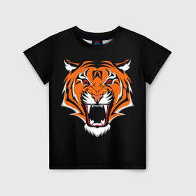 Детская футболка 3D с принтом ТИГР оскал в Екатеринбурге, 100% гипоаллергенный полиэфир | прямой крой, круглый вырез горловины, длина до линии бедер, чуть спущенное плечо, ткань немного тянется | animal | beast | cat | cute | fluffy | hunter | lion | lion cub | lion king | mane | predator | red | tail | tiger | yellow | большая кошка | голова тигра | грива | животное | зверь | король лев | кот | милый | охотник | пушистый | тигр | тиг