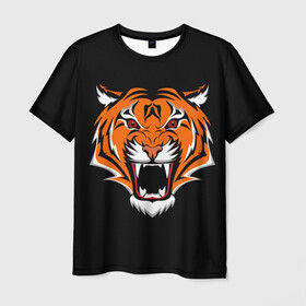 Мужская футболка 3D с принтом ТИГР оскал в Екатеринбурге, 100% полиэфир | прямой крой, круглый вырез горловины, длина до линии бедер | animal | beast | cat | cute | fluffy | hunter | lion | lion cub | lion king | mane | predator | red | tail | tiger | yellow | большая кошка | голова тигра | грива | животное | зверь | король лев | кот | милый | охотник | пушистый | тигр | тиг