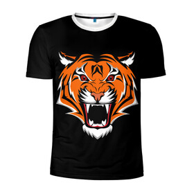 Мужская футболка 3D спортивная с принтом ТИГР оскал в Екатеринбурге, 100% полиэстер с улучшенными характеристиками | приталенный силуэт, круглая горловина, широкие плечи, сужается к линии бедра | Тематика изображения на принте: animal | beast | cat | cute | fluffy | hunter | lion | lion cub | lion king | mane | predator | red | tail | tiger | yellow | большая кошка | голова тигра | грива | животное | зверь | король лев | кот | милый | охотник | пушистый | тигр | тиг