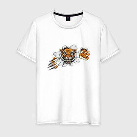 Мужская футболка хлопок с принтом Бросок ТИГРА в Екатеринбурге, 100% хлопок | прямой крой, круглый вырез горловины, длина до линии бедер, слегка спущенное плечо. | animal | beast | cat | cute | fluffy | hunter | lion | lion cub | lion king | mane | predator | red | tail | tiger | yellow | большая кошка | голова тигра | грива | животное | зверь | король лев | кот | милый | охотник | пушистый | тигр | тиг