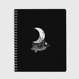Тетрадь с принтом Moon Ship в Екатеринбурге, 100% бумага | 48 листов, плотность листов — 60 г/м2, плотность картонной обложки — 250 г/м2. Листы скреплены сбоку удобной пружинной спиралью. Уголки страниц и обложки скругленные. Цвет линий — светло-серый
 | drift | drifting | float | floating | galaxy | milky | moon | planet | ship | space | spaceship | star | suit | surfing | to | travel | way | галактика | дрейф | звезда | корабль | космический | космонавт | космос | луна | млечный | планета | путешествие 