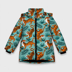 Зимняя куртка для девочек 3D с принтом Рычащие Тигры Паттерн в Екатеринбурге, ткань верха — 100% полиэстер; подклад — 100% полиэстер, утеплитель — 100% полиэстер. | длина ниже бедра, удлиненная спинка, воротник стойка и отстегивающийся капюшон. Есть боковые карманы с листочкой на кнопках, утяжки по низу изделия и внутренний карман на молнии. 

Предусмотрены светоотражающий принт на спинке, радужный светоотражающий элемент на пуллере молнии и на резинке для утяжки. | black | cat | chill | relax | tiger | животные | коралловый | кот | кошки | лев | леопарды | отдых | паттерн | полосатый | полосы | растения | тигры | узор | цветы