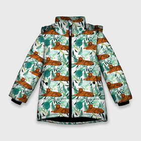 Зимняя куртка для девочек 3D с принтом Цветы и Тигр Паттерн в Екатеринбурге, ткань верха — 100% полиэстер; подклад — 100% полиэстер, утеплитель — 100% полиэстер. | длина ниже бедра, удлиненная спинка, воротник стойка и отстегивающийся капюшон. Есть боковые карманы с листочкой на кнопках, утяжки по низу изделия и внутренний карман на молнии. 

Предусмотрены светоотражающий принт на спинке, радужный светоотражающий элемент на пуллере молнии и на резинке для утяжки. | black | cat | chill | relax | tiger | животные | коралловый | кот | кошки | лев | леопарды | отдых | паттерн | полосатый | полосы | растения | тигры | узор | цветы