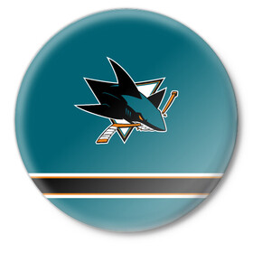Значок с принтом Сан-Хосе Шаркс (Форма1) в Екатеринбурге,  металл | круглая форма, металлическая застежка в виде булавки | акула | нхл | сан хосе шаркс | хоккей | шаркс форма