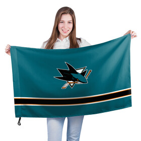 Флаг 3D с принтом Сан-Хосе Шаркс (Форма1) в Екатеринбурге, 100% полиэстер | плотность ткани — 95 г/м2, размер — 67 х 109 см. Принт наносится с одной стороны | акула | нхл | сан хосе шаркс | хоккей | шаркс форма