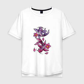 Мужская футболка хлопок Oversize с принтом Рыбы цветы весна в Екатеринбурге, 100% хлопок | свободный крой, круглый ворот, “спинка” длиннее передней части | весна | двое | нереальное сочетание | пара | подводный мир | рисунок | рыбки | рыбы | узор | фиолетовый | цветы
