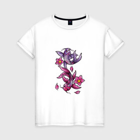 Женская футболка хлопок с принтом Рыбы цветы весна в Екатеринбурге, 100% хлопок | прямой крой, круглый вырез горловины, длина до линии бедер, слегка спущенное плечо | весна | двое | нереальное сочетание | пара | подводный мир | рисунок | рыбки | рыбы | узор | фиолетовый | цветы