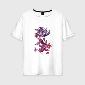 Женская футболка хлопок Oversize с принтом Рыбы цветы весна в Екатеринбурге, 100% хлопок | свободный крой, круглый ворот, спущенный рукав, длина до линии бедер
 | весна | двое | нереальное сочетание | пара | подводный мир | рисунок | рыбки | рыбы | узор | фиолетовый | цветы