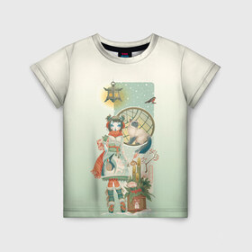 Детская футболка 3D с принтом девушка кимоно зима Япония кот в Екатеринбурге, 100% гипоаллергенный полиэфир | прямой крой, круглый вырез горловины, длина до линии бедер, чуть спущенное плечо, ткань немного тянется | аниме | девушка | зима | кимоно | кот | снегирь | стиль | традиционная одежда | тросник | фонарь | япония