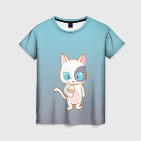 Женская футболка 3D с принтом кот с мороженкой в Екатеринбурге, 100% полиэфир ( синтетическое хлопкоподобное полотно) | прямой крой, круглый вырез горловины, длина до линии бедер | голубые глаза | кот | котенок | котик | кошак | мороженка | мороженко | мороженое | прямоходячий | рисунок | рожок