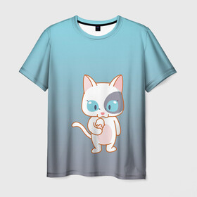 Мужская футболка 3D с принтом кот с мороженкой в Екатеринбурге, 100% полиэфир | прямой крой, круглый вырез горловины, длина до линии бедер | Тематика изображения на принте: голубые глаза | кот | котенок | котик | кошак | мороженка | мороженко | мороженое | прямоходячий | рисунок | рожок